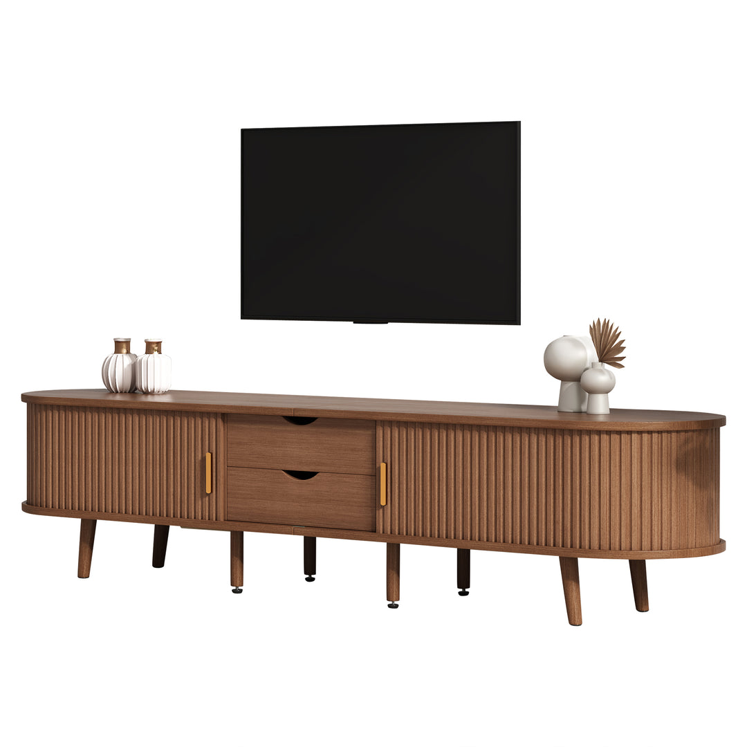 Long oval TV stand retro wooden look with 2 sliding doors 2 drawers HORSETAILJOINT