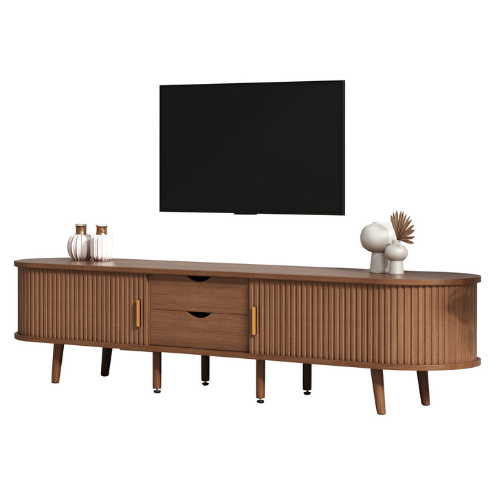Long oval TV stand retro wooden look with 2 sliding doors 2 drawers HORSETAILJOINT