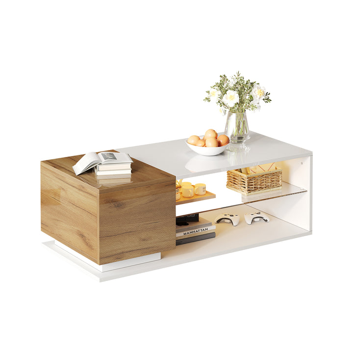 White rectangular wood LED coffee table with open glass shelf and 1-door IDEOGRAM