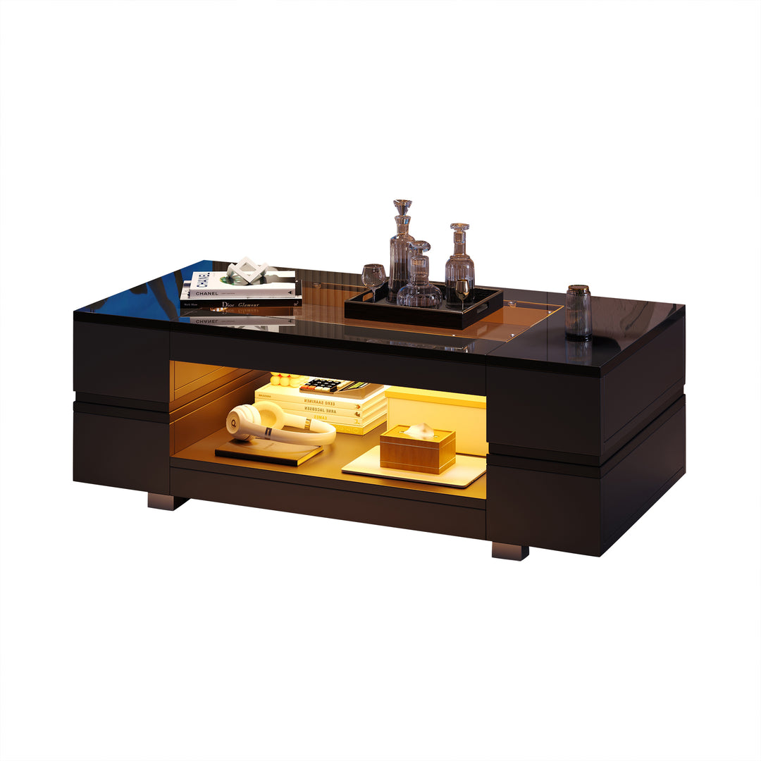 Black hollow LED coffee table with open storage and glass top 100×50×35cm SEAHORSETAIL