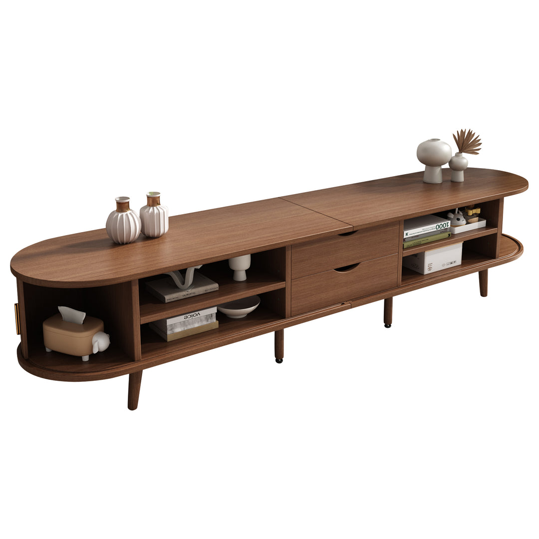 Long oval TV stand retro wooden look with 2 sliding doors 2 drawers HORSETAILJOINT