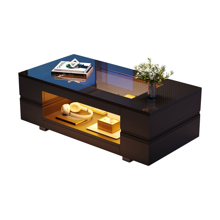 Black hollow LED coffee table with open storage and glass top 100×50×35cm SEAHORSETAIL