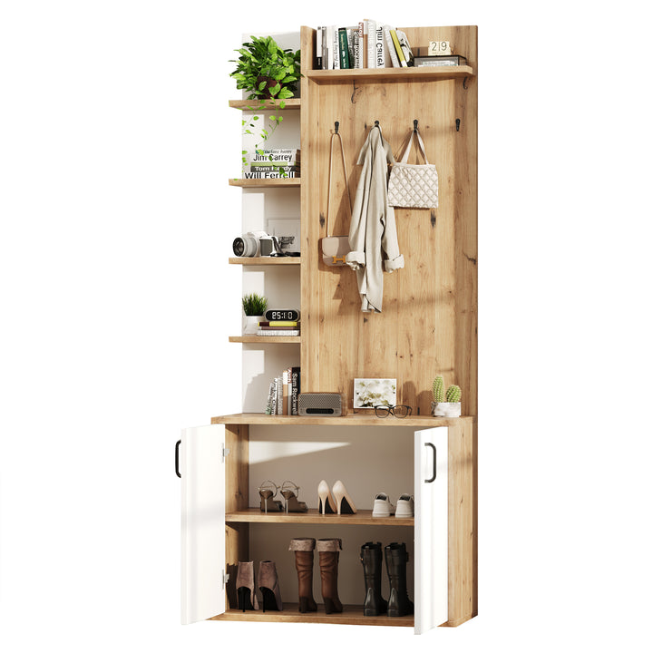 Wooden entryway wardrobes with coat hooks and shoe storage shelves ELYSIUMIS