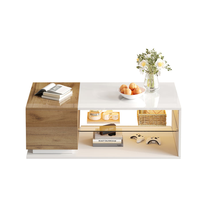 White rectangular wood LED coffee table with open glass shelf and 1-door IDEOGRAM