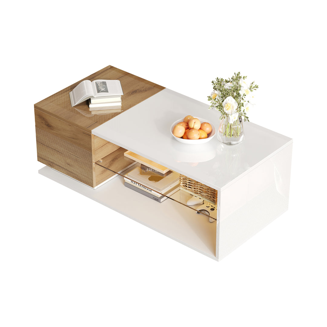 White rectangular wood LED coffee table with open glass shelf and 1-door IDEOGRAM