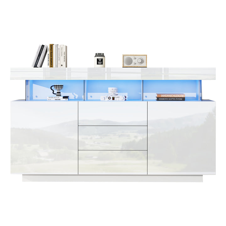 Modern White Sideboard 2 Doors 3 Drawers with LED Lights 140cm WOODMIRROR