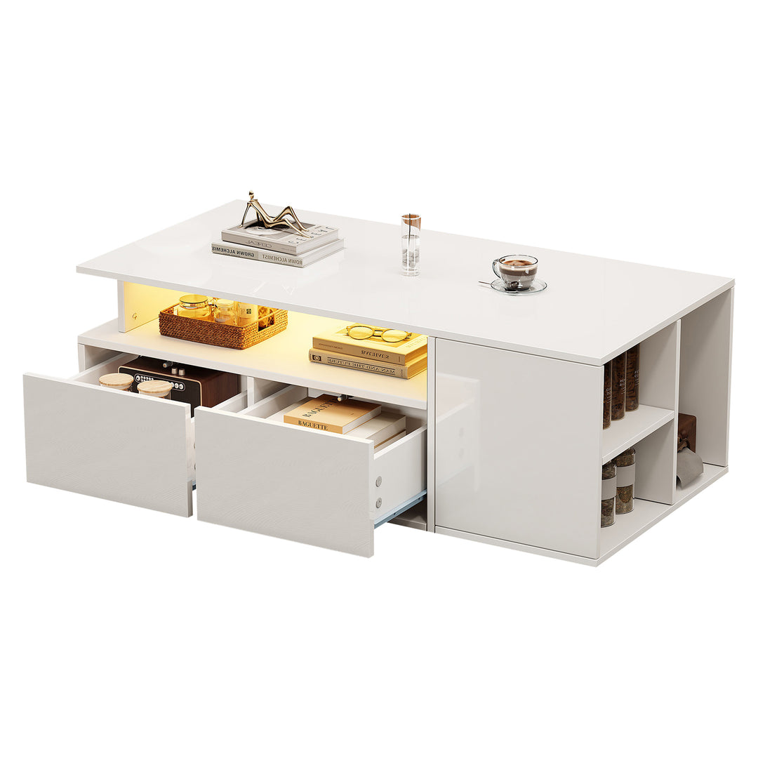 White high-gloss coffee table with LED lighting & 2 drawers SEEDCOAT
