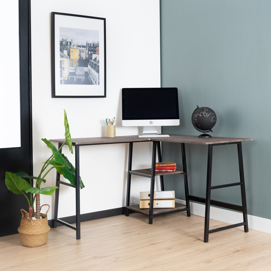 L-Shaped Corner Desk Industrial Style Dark Wooden Effet DROGBA DD