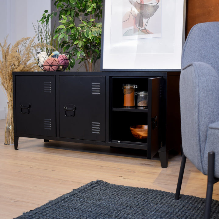 TV cabinet with storage and 3 doors in industrial black metal MATAPOURI BLACK LT