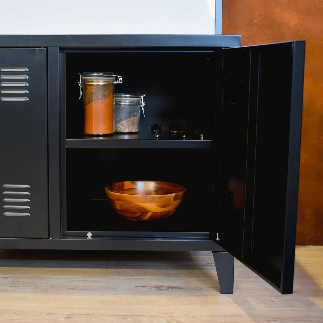 TV cabinet with storage and 3 doors in industrial black metal MATAPOURI BLACK LT