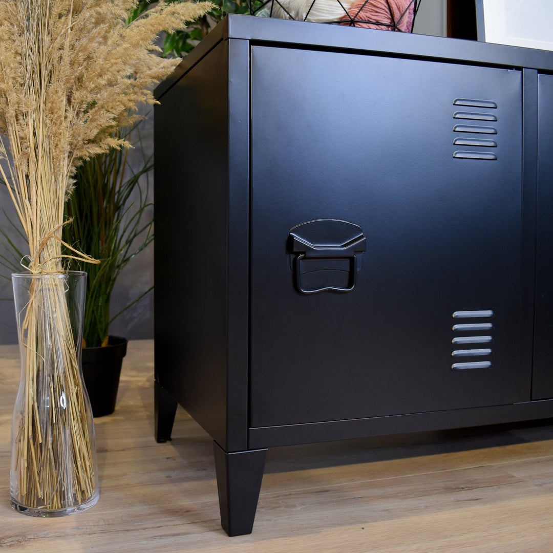 TV cabinet with storage and 3 doors in industrial black metal MATAPOURI BLACK LT