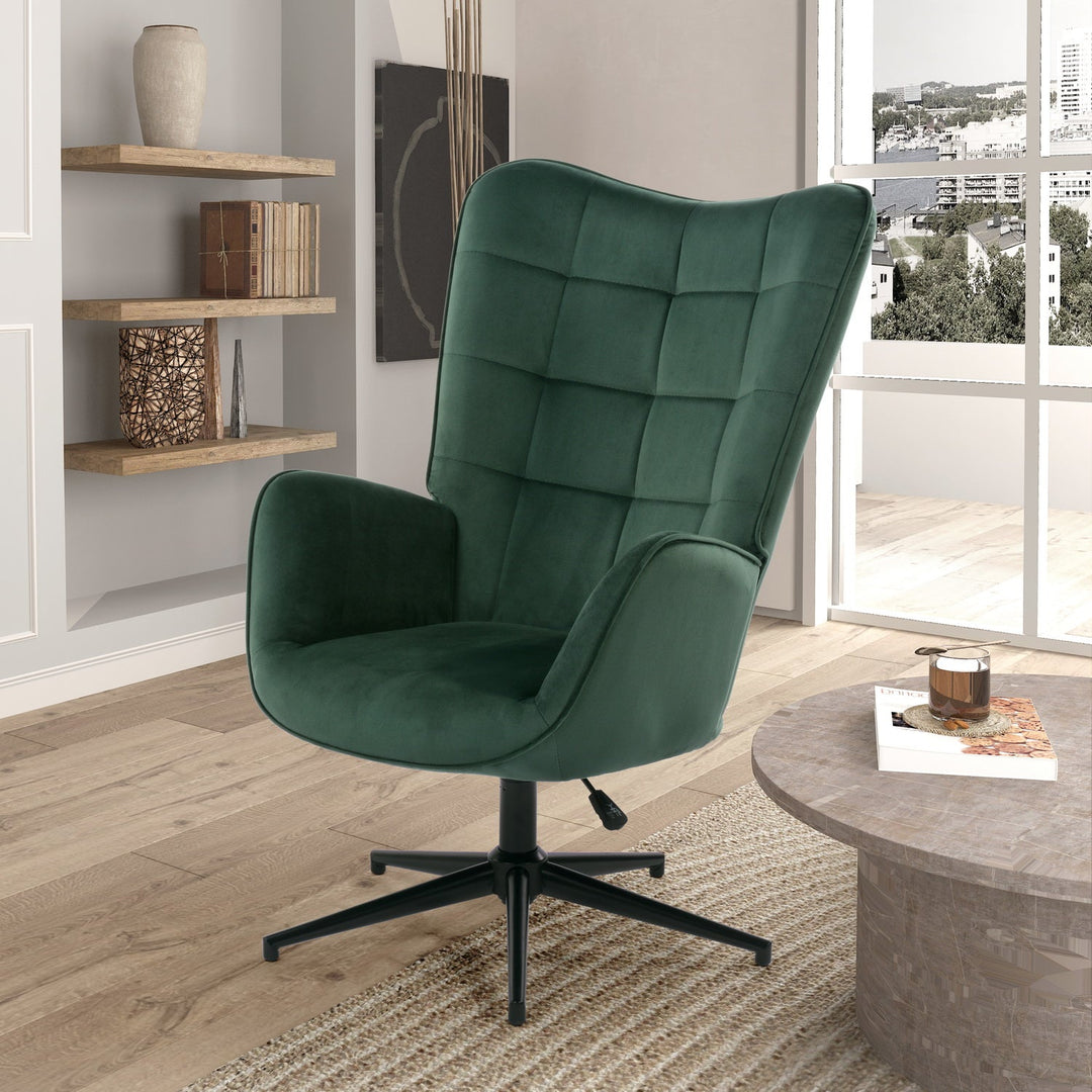 Scandinavian Armchair Office Chair with Armrests Swivel Wingback Velvet Height Adjustable IRIS VELVET GREEN BLACK LEG UKFR