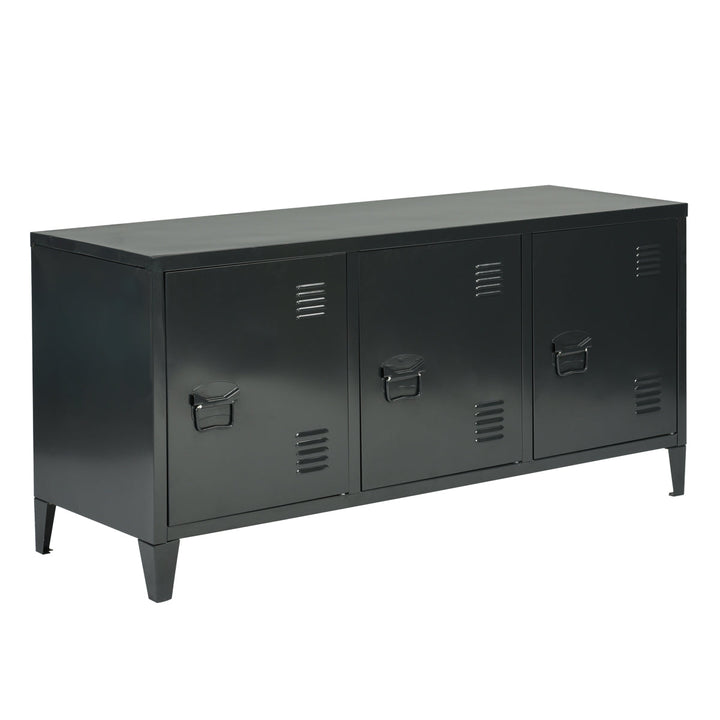 TV cabinet with storage and 3 doors in industrial black metal MATAPOURI BLACK LT