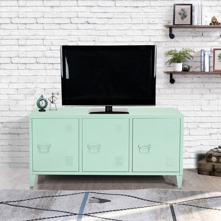 TV cabinet with storage and 3 doors in industrial green metal MATAPOURI GREEN LT