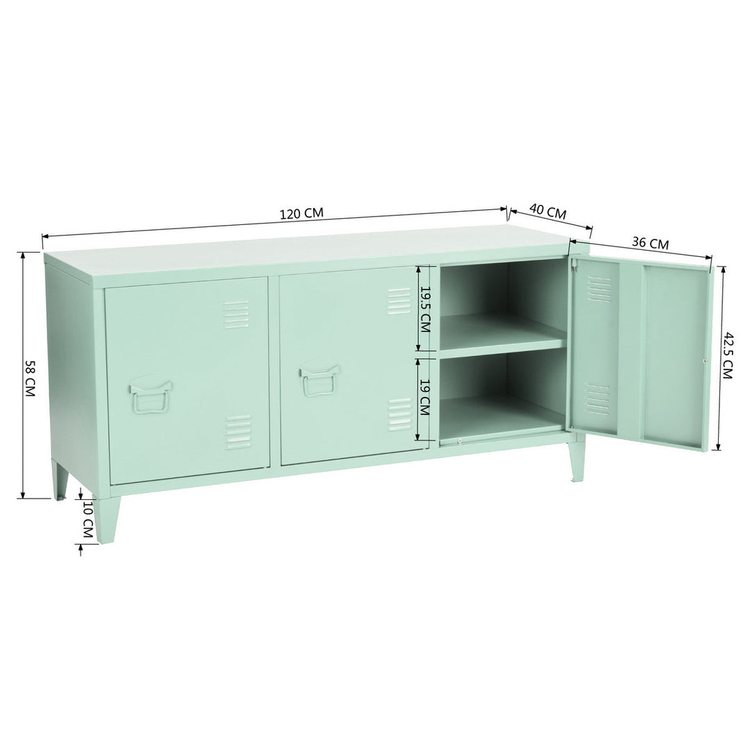 TV cabinet with storage and 3 doors in industrial green metal MATAPOURI GREEN LT