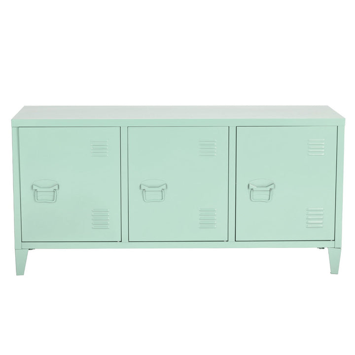 TV cabinet with storage and 3 doors in industrial green metal MATAPOURI GREEN LT