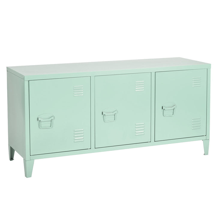 TV cabinet with storage and 3 doors in industrial green metal MATAPOURI GREEN LT