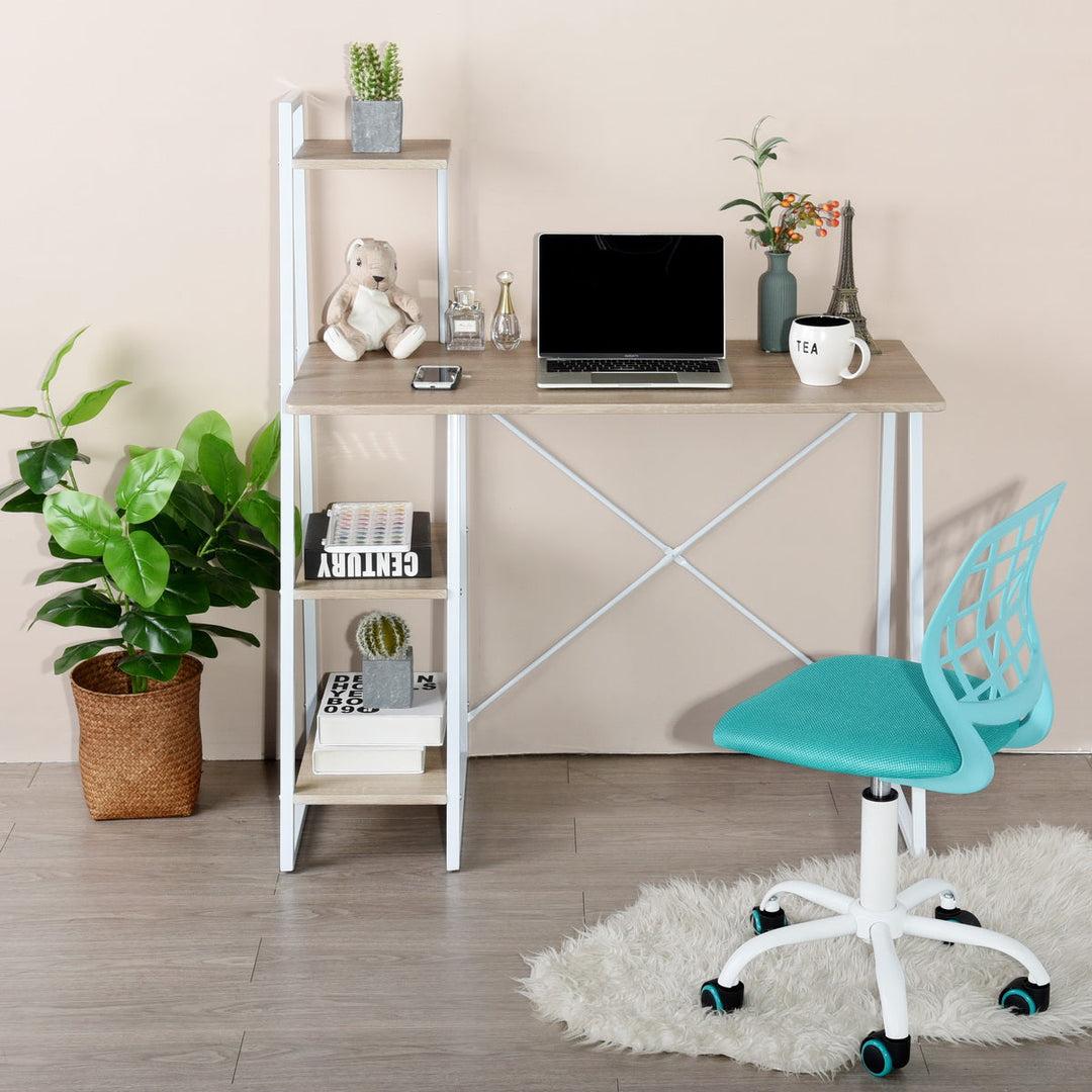 Desk with integrated shelves in white and wood grain style POUCHU WOOD A