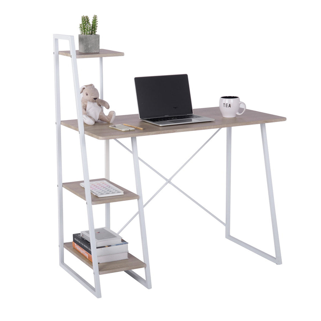 Desk with integrated shelves in white and wood grain style POUCHU WOOD A