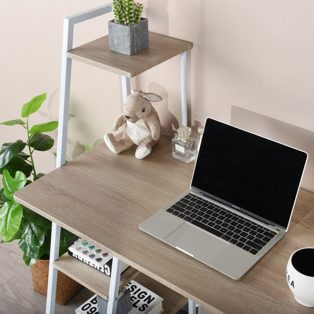 Desk with integrated shelves in white and wood grain style POUCHU WOOD A